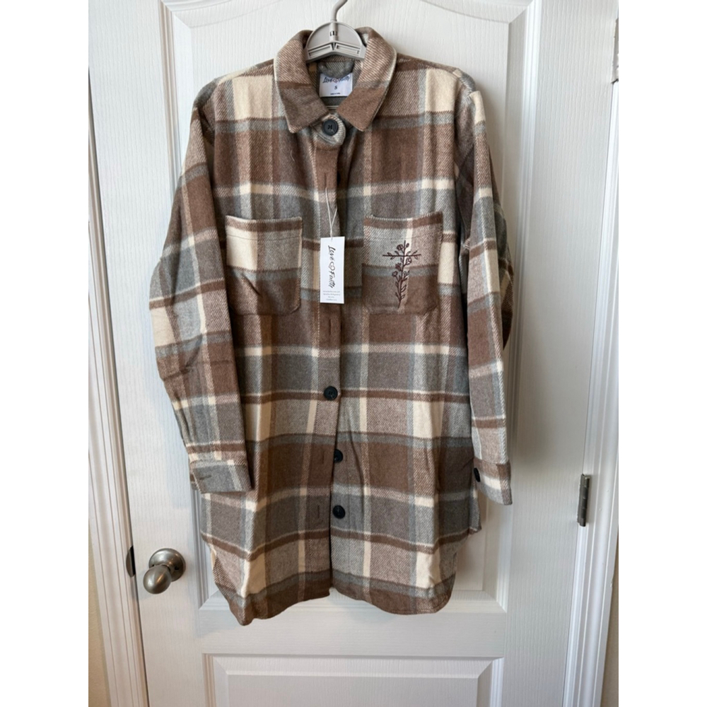 Women's Love & Faith Plaid Shacket S Brown Beige Floral Cross